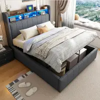 MODFU Doppelbett mit Matratze 140x200 Polsterbett Stauraumbett mit LED-Beleuchtung,Bettkasten und USB-Steckdose, Kopfteil mit Einlegeböden und Stauraum,Grau