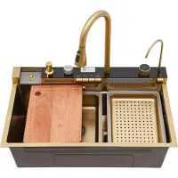 StarTech.com Küchenspüle Set - Spülbecken mit Armatur - Einzelbecken - 75×46×22 cm - Edelstahl - Digitale Temperaturanzeige - Wasserfall-Armatur, ausziehbar 60 cm - Gold