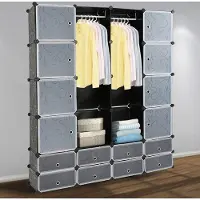 EINFEBEN 16 Wuerfel Regalsystem Kleiderschrank Kleiderschränke DIY Garderobenschrank Schwarz Kunststoff Aufbewahrung Garderobe fuer Schlafzimmer mit Tueren 180 * 142 * 37CM