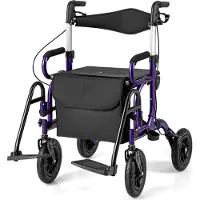 Costway 2in1 Rollator & Rollstuhl faltbar mit Sitz, Luftbereifung, Tasche & Stockhalter, Gehhilfe 6-fach höhenverstellbar bis 140kg Alu Lila