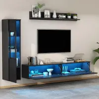 OKWISH Wohnzimmermöbel-Set mit LED Beleuchtung,3-St Wohnwände mit Stauraum,TV-Möbel mit Vitrine und wandmontiertem Regal,für Fernseher bis zu 80 Zoll,Schwarz