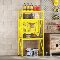 FlexiSpot Werkbank aus Stahl, Arbeitstisch mit Lochwänden und oberer Ablage, Lagerregal bis 200 kg, für Werkstatt, Lager, Büro und Haushalt (Gelb)