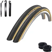 Schwalbe 2 x Lugano 2 700 x 25C (25-622) Rennradreifen Schwarz/Classic + 2 Schläuche SV15 lang (60 mm) inkl. Reifenheber