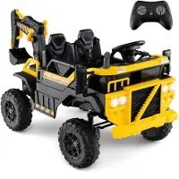 Costway Kinder Elektroauto 2-Sitzer, 24V Elektro Sitzbagger mit Fernsteuerung, Aufsitzbagger mit Musik, Licht&Hupe, Kinderbagger, für Kinder 3+