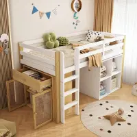 SUCCESS COURIER Kinderhochbett 90x200 cm natur & weiss, mit zwei Stauschränken & Leiter, ohne Matratze