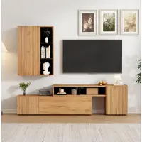 Merax TV Wohnwand-Set, Vitrine, TV-Board und Standregal, bis 120' TV, flexibel bis 265 cm, Holzfarbe+Schwarz, modernes Wohnzimmermöbel