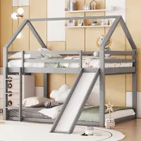 Autolock Kinderbett Doppelbett Hausbett Etagenbett mit Rutsche und Leiter, Kinderzimmer Hoch-Doppel-Stockbett, Grau, 140x200cm