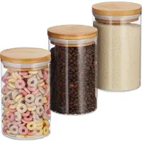 Relaxdays Vorratsdosen Glas, 3er Set, für Pasta, Reis, Müsli, Kaffeebohnen, Volumen 800 ml, HxD 16x9,5 cm, Bambus, natur