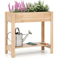 Costway Hochbeet mit Ablage & Drainagefächern, Erhöhtes Gartenbeet Holz, Pflanzkasten, Gemüsebeet, Kräuterbeet 81x38x77cm Natur