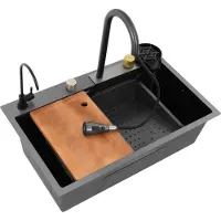 StarTech.com Küchenspüle aus Edelstahl, rechteckig schwarz, Set mit Siebkorb, 2 Armaturen, Schneidebrett und Becherspüler