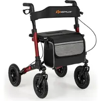 Costway Rollator faltbar, 2in1 Rollstuhl & Reiserollator mit Sitz, Luftbereifung, Tasche & Stockhalter, Gehhilfe höhenverstellbar bis 140kg Rot