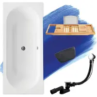Besco BADLAND Eckbadewanne Rechteck Badewanne VITAE 160x75 mit Ablaufgarnitur und Füßen + Kopfstütze KODI + Bambus Ablage | BADLAND VITAE