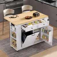 STILVORA Kücheninsel mit Rollen Küchenschrank mit Abfallbehälterfach und Handtuchhalter Küchenwagen mit Steckdosenleisten Ideal für Küche und Esszimmer,Weiß