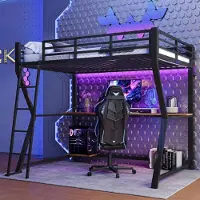ALFORIGO Hochbett 90 x 200 cm mit LED-Ambientelicht, Schreibtisch, Computerablage, Steckdose und USB, Geländer und Treppe, Metall und MDF