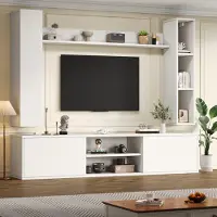 Merax TV Wohnwand-Set 4-teilig, inkl. TV-Board, 2 Wandschränke und Wandregal, bis 80 Zoll TV, stehend & hängend, Wohnzimmermöbel Weiß