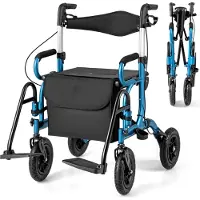 Costway 2in1 Rollator & Rollstuhl faltbar mit Sitz, Luftbereifung, Tasche & Stockhalter, Gehhilfe 6-fach höhenverstellbar bis 140kg Alu Blau