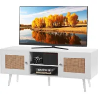 Vevor Rattan-TV-Ständer, Boho-TV-Schrank für 55-Zoll-Fernseher, Mid Century Modern TV-Ständer, Rattan-TV-Konsole mit verstellbaren Regalen für Wohnzimmer, Medienraum, weiß