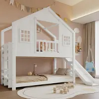 MODFU Etagenbett 90x200 Stockbett mit Rutsche Fenster- und Dachdesign,Kinderbett vierseitiger Rausfallschutz stabiler Lattenrost,Mit zwei Matratze,Weiß