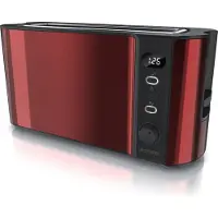 Arendo Toaster, 1 langer Schlitz, für 2 Scheiben, 1000 W, Langschlitz, Brötchenaufsatz, Wärmeisolierendes Gehäuse, Display, rot