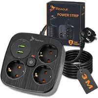Reagle Steckdosenleiste 3 m mit Überspannungsschutz, 3 Steckdosen, 2x USB, 2x USB-C, Mehrfachstecker mit Verlängerungskabel für Büro und Zuhause