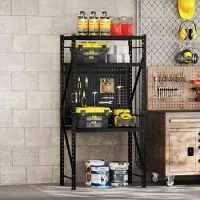 FlexiSpot Werkbank aus Stahl, Arbeitstisch mit Lochwänden und oberer Ablage, Lagerregal bis 200 kg, für Werkstatt, Lager, Büro und Haushalt (Schwarz)