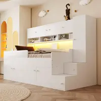 MODFU Kinderbett 90x200 stauraumstarkes Paneelbett mit Leiter und Schrank,Einzelbett mit LED-Beleuchtung und Sicherheitsgeländer, Kinderzimmer,ohne Matratze,Weiß