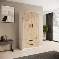 Beautysofa | Drehtürenschrank TREND 90 cm Weiß + Artisan, Moderner Kleiderschrank mit Schubladen, Kleiderstange & Regalen - Soft-Close-System