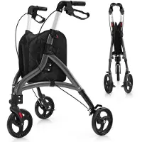 Costway Rollator schmal für Wohnung, Dreirad faltbar & leicht, Gehhilfe 6-fach höhenverstellbar, Gehwagen mit Tasche & Bremse, Alu-Rahmen, klappbar