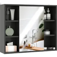 HOMCOM Wandmontierter Badezimmerschrank mit Spiegel, Badezimmerspiegel mit Stauraum, Schrank mit Türen und 6 offenen Fächern, 60 x 14,5 x 49,4 cm, Schwarz