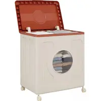 Costway Aufbewahrungsbox, 45 L Wäschekorb Kunststoff mit Rollen & Deckel & Fenster, Wäschetonne tragbar für Zuhause, Wäsche & Schlafzimmer, Orange