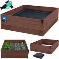 KOTARBAU Hochbeet für Garten 120x120x27cm Gemüsebeet mit Vlies Kräuterbeet Handschuhe mit Krallen Blumenkasten aus imprägniertem Kiefernholz Braun