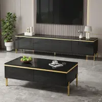 Merax TV Schrank und Couchtisch Set, TV-Wohnwand Set mit Hochglänzende Oberfläche, Wohnzimmermöbel mit Goldene Kanten, Großzügiger Stauraum, Schwarz