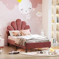 Sweiko Polsterbett Kinderbett 90x200 cm, Bettgestell mit Kopfteil in Blumenform und Lattenrost, Teenie-Mädchenbett in hautfreundlichem Samtstoff