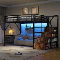 SUCCESS COURIER Hochbett, 140×200 cm, Eisenrahmen mit LED-Lichtleiste, Treppe mit Stauraum & freiem Raum zum Verkleiden, ohne Matratze, Schwarz