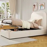 MODFU Einzelbett 90x200 Funktionsbett mit geschlossene Kopfteil ohne offene Stellen,Kinderbett mit Lattenrost,Bettgestell mit Matratze mit gepolstertes Kopfteil,Beige