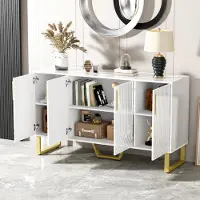 MODFU sideboard 140L×40B×80H,Aufbewahrungsschrank mit 4 Türen,Metallgriffe und -beine,geometrisches Design,Weiß