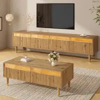 Merax LED-Möbelset, Wohnwand-Set 2-teilig, TV-Schrank 4 Türen und Couchtisch 2 Schubladen, Wohnzimmermöbel mit Wellenstruktur, Holzfarben-Gold