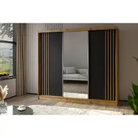 Beautysofa Schiebetürenschrank NELA II 240cm - 3-türig Kleiderschrank, Garderobe, Schrank mit Spiegeln & 4 Schubladen, Farbe: Artisan+Schwarz+Artisan