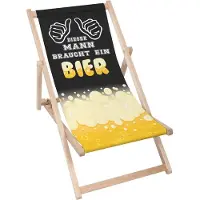 Dreamroots Liegestuhl klappbar Holz,bis zu 130kg,Sonnenliege klappbar mit 3-stufiger Neigungsregulierung der Rückenlehne, Dieser Mann Braucht Ein Bier