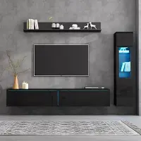 SUCCESS COURIER TV Wohnwand Set 3-teilig LED Hochglanz Schwarz Wohnzimmer Möbel Set Frontale Wohnwand Schwarz 1 TV Schrank,1 Wohnzimmer Vitrine,1Hängeregal,TV bis 80'