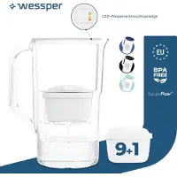 Wessper 2,8 l Wasserfilterkrug mit LED-Zähler Kompatibel mit Brita Maxtra | Set aus 10 Wasserfilterkrug + Wasserfilterkartusche - Weiß