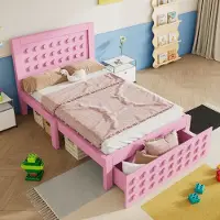 OKWISH Kinderbett 90x200,Jugendbett mit Kreativem Block Design, Holzbett mit Lattenrost, Einzelbett mit Schubladen,Ohne Matratze,Rosa