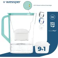 Wessper 2,7 L Wasserfilterkanne kompatibel mit Brita Maxtra für Kühlschranktür mit manueller Filterverschleißanzeige | 10x Wasserfilter – Minze