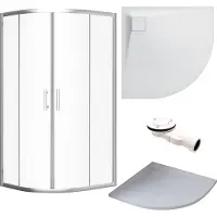 Badland SET Duschkabine + Duschwanne 90x90 193 cm - Halbrund Transparent Gehärtet Nano Glas 6 mm Weiß Steinoptik SMC inkl. Siphon | HELA VIDAR