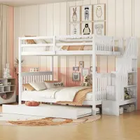 Treeboy 140*200cm Etagenbett, Treppenregal, ausgestattet mit ausziehbares Rollbett, hohe Geländer, EN747-1 , weiß