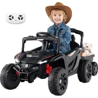 Costway COSYWAY Kinder Elektroauto mit abnehmbarem Anhänger, 12V Kinderauto elektrisch mit 2,4G Fernbedienung, Federdämpfer, Licht&Musik, für Kinder 3+Schwarz