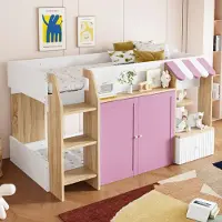 Fortuna Lai Kinderbett Hausbett 90x200,mit offenem Stauraum, mit Kletterleiter, Halbhohes Kinderhochbett,Massivholz-Kinderetagenbett ohne Matratze,Weiß+Rosa+Holzfarbe