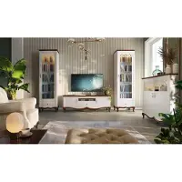 AEA Komplett Wohnzimmer TV-Lowboard mit 2x Vitrine Holzmöbel Wohnwand 3tlg Set
