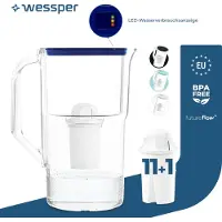 Wessper Wasserfilterkanne 3,3 Liter mit LED-Zählwerk Classic Filterkaraffe kompatibel mit Brita Classic Filter -blau| 12x Filter enthalten