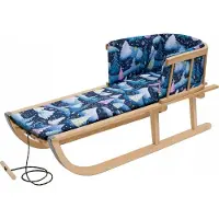 QLS Holzschlitten mit Rückenlehne mit Kissen für Kinder Zugseil Lehne 88 cm Winter 10282